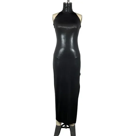 Norma Kamali Sleek Black Halter Turtle Side Slit Dress Size XS - Picture 2 of 6
